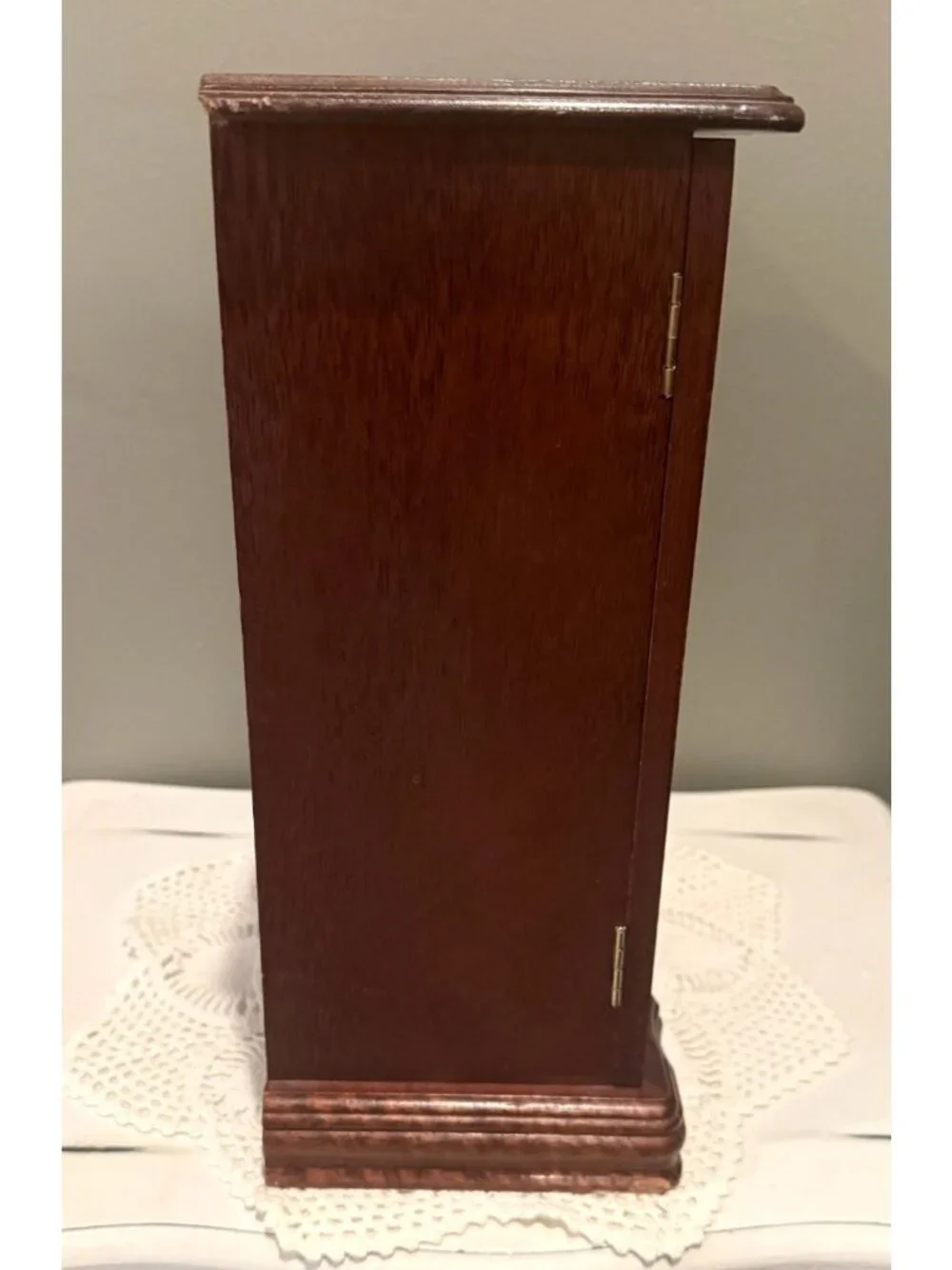 Vintage Wooden Musical Jewelry Armoire Glass Doors Necklace Carousel Mirror